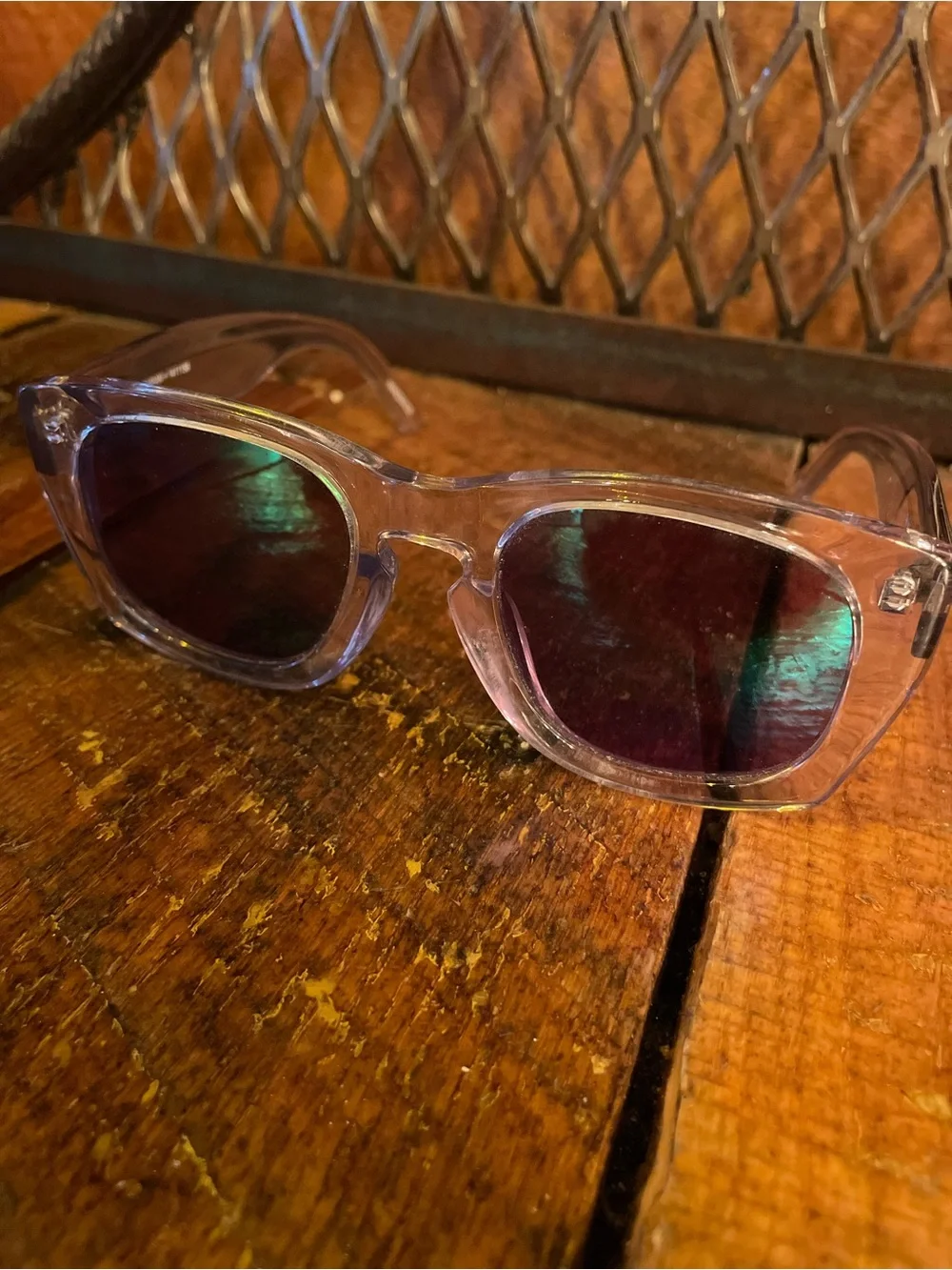 House of Holland “Librarian” Clear Frame Sunglasses with Green Reflective Lenses